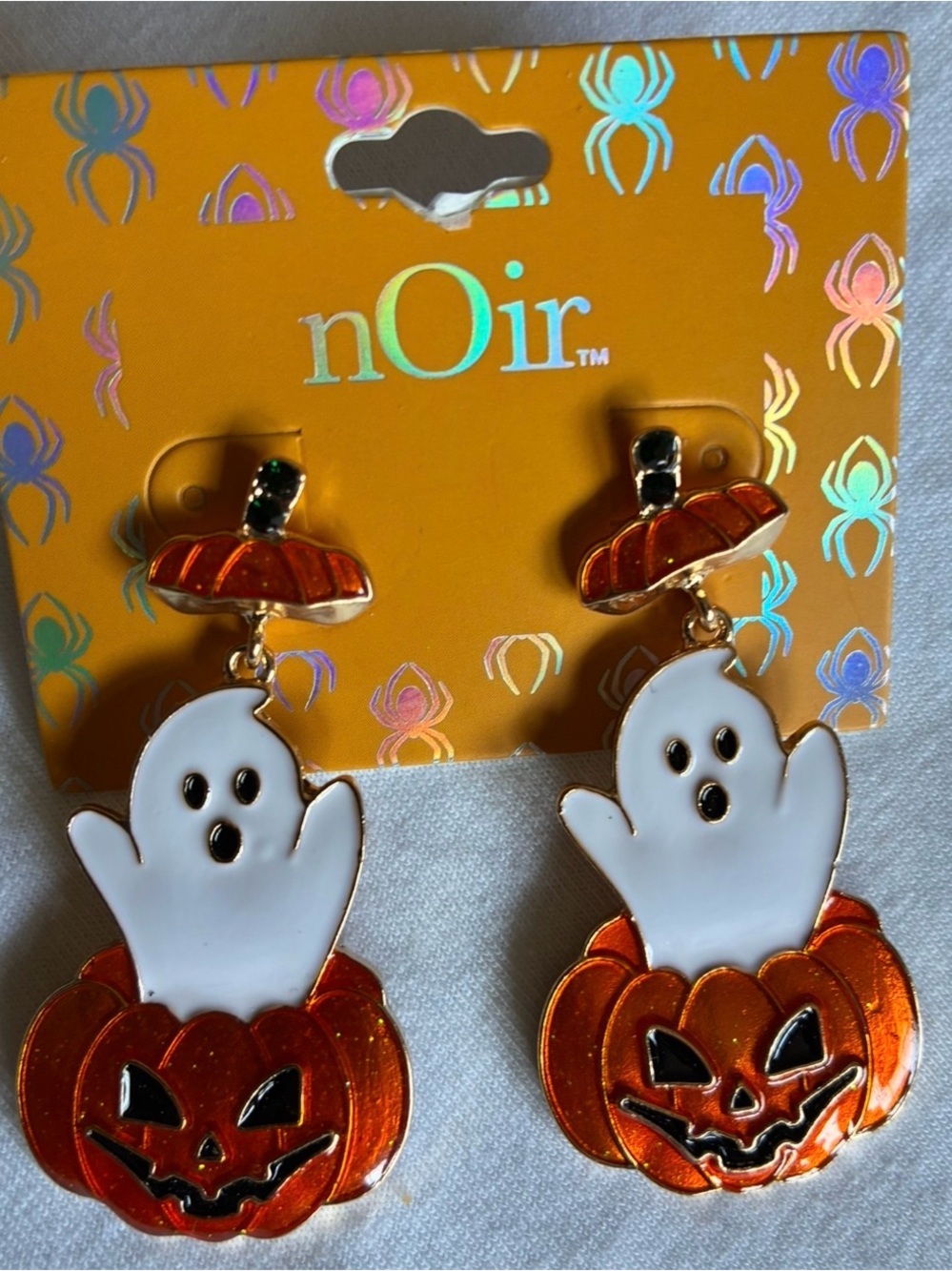 nOir Jewelry White Ghost and Orange Pumpkin Drop Earrings for Kids